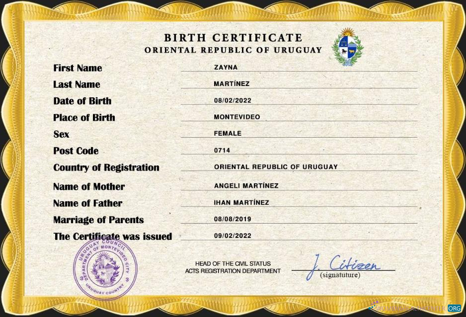 Download Uruguay vital record birth certificate PSD template Photoshop template